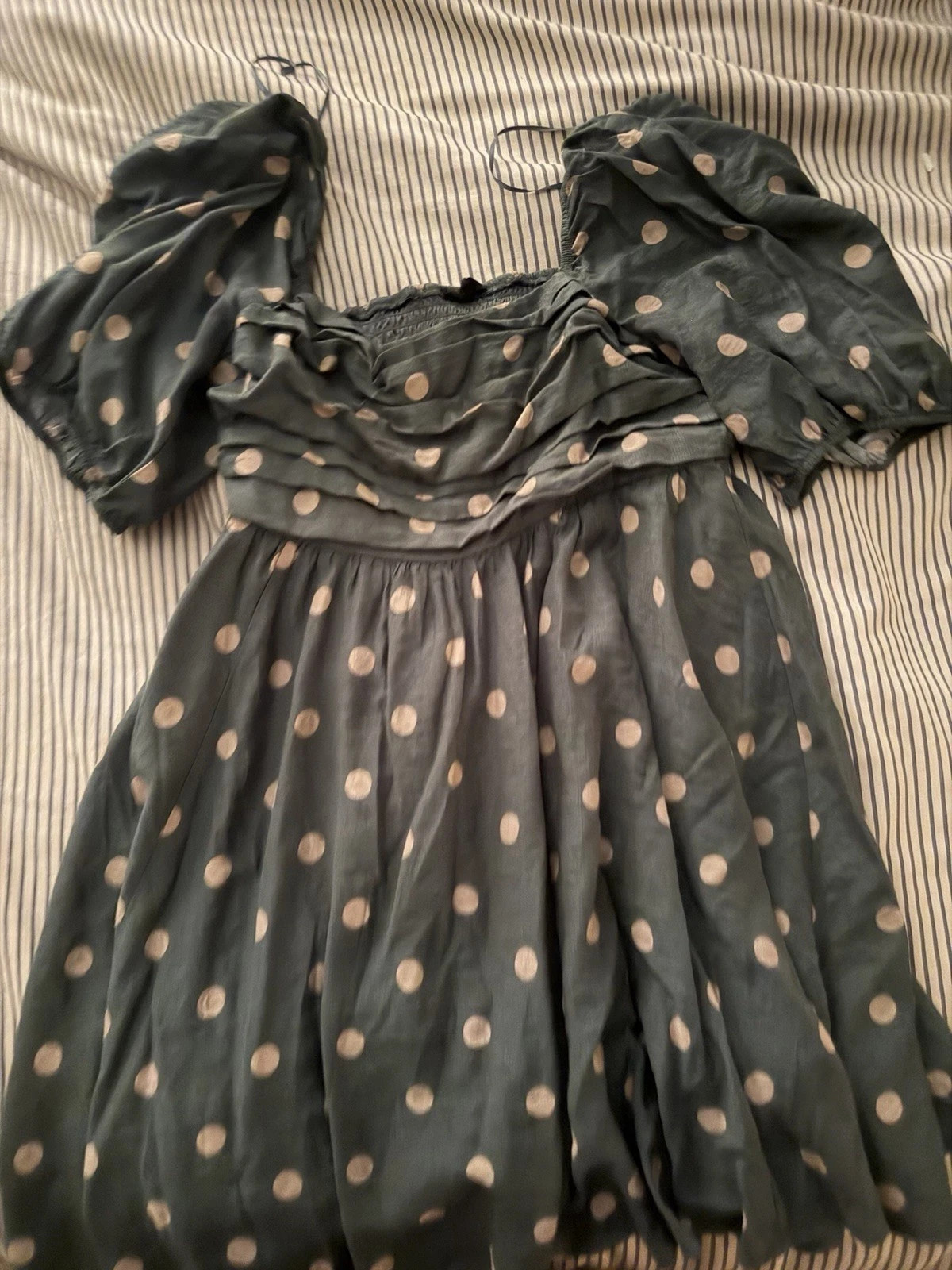 blu pepper Women’s Green Polka Dot Smocked Puff Sleeve Ruffle Mini Dress L