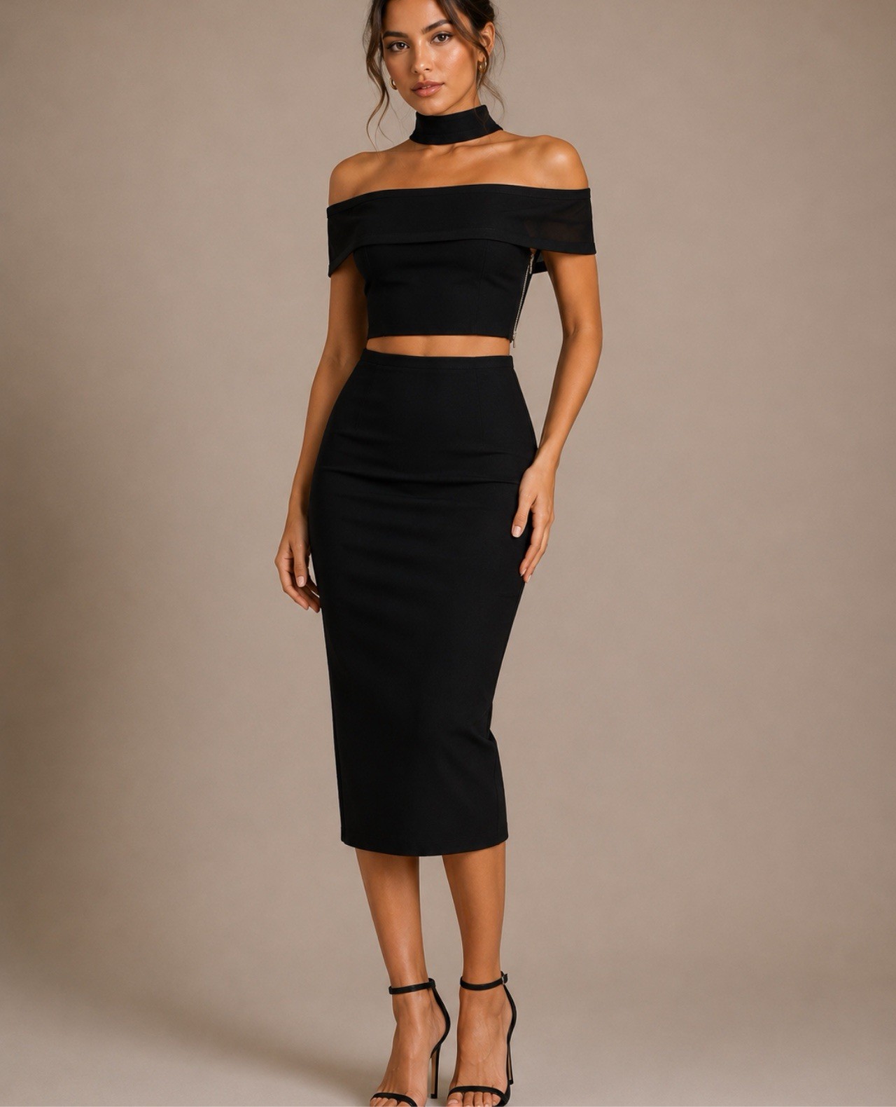 Black Off-Shoulder Two-Piece Midi Dress with Choker Neck