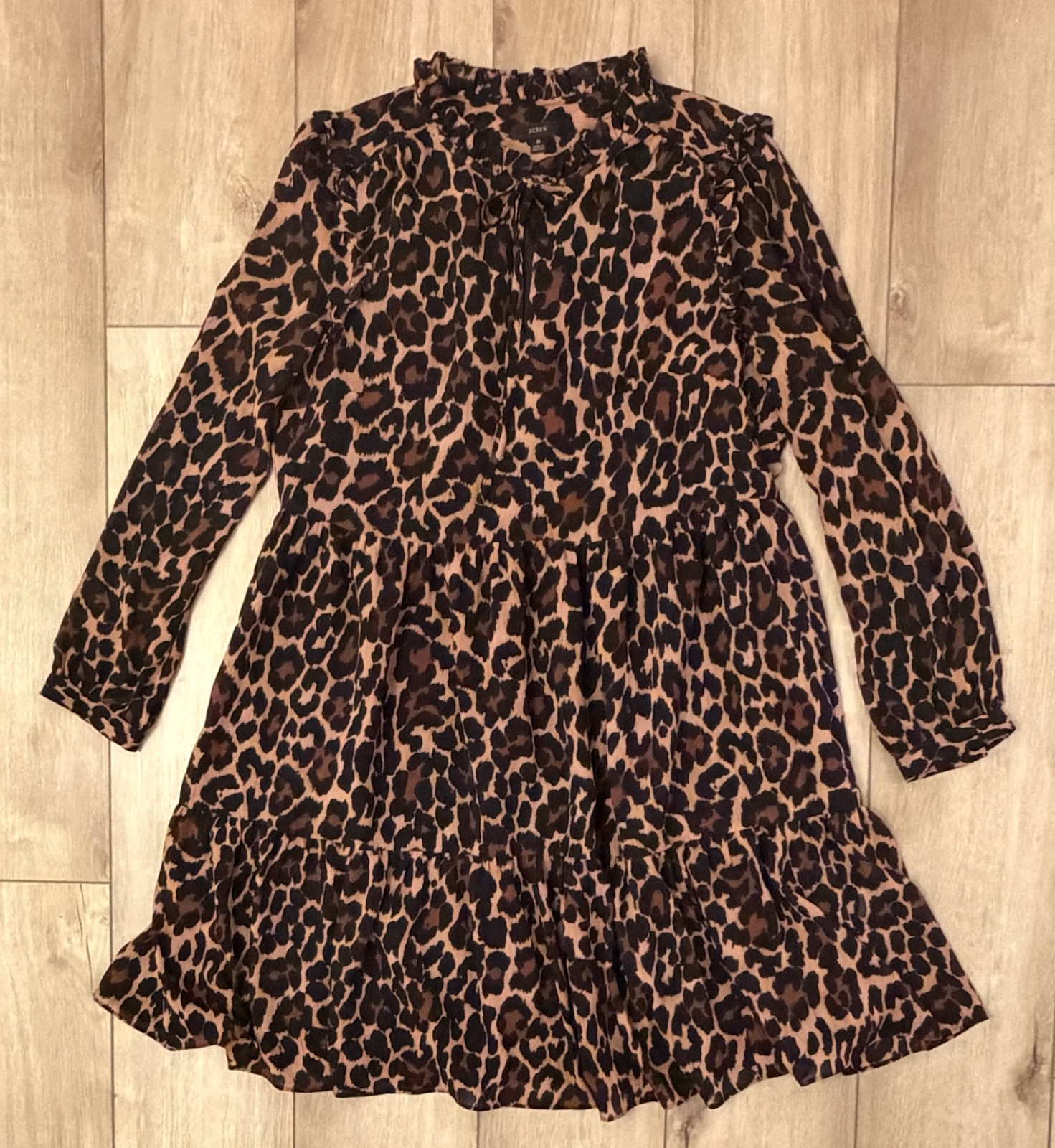 J. Crew Tie-Neck Tiered Dress in Leopard Crinkle Chiffon-Women’s M-AR673