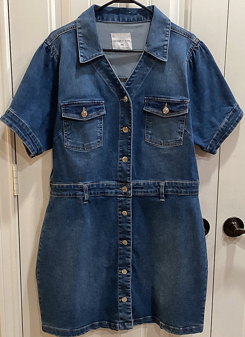Women Juniors Size 2XL Celebrity Pink Denim Dress Button Up Med Wash Blue NWOT