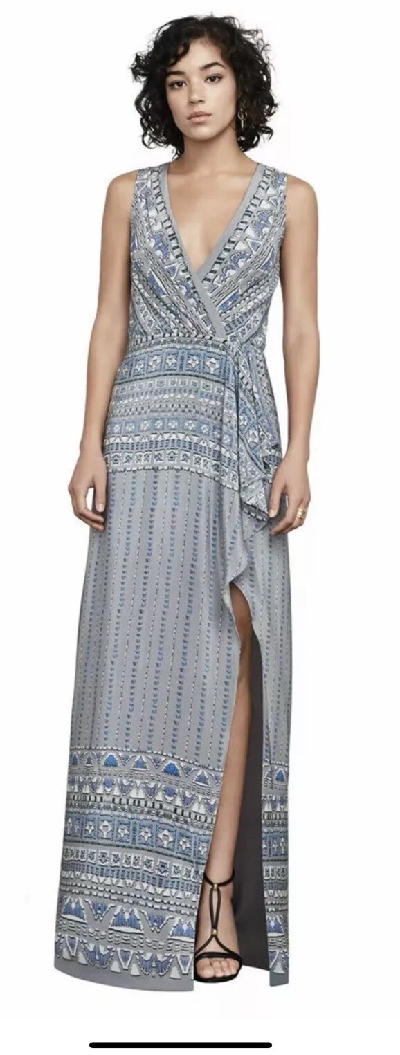 BCBG MAX AZRIA $338 KOKO Draped High Slit Printed Maxi Gray Dress Size 8