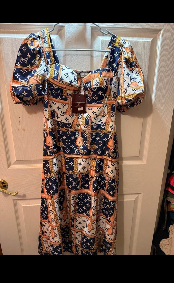 Louis Vuitton Monogram Maxi Dress S Smocked Puff Sleeve Square Neck