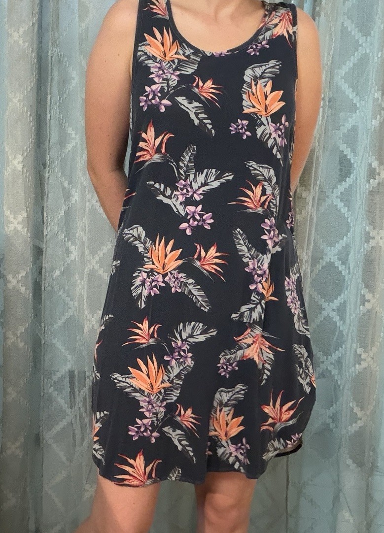 Athletic Summer Dress/Swim Coverup Medium, Tropical floral and blue, Sleeveless