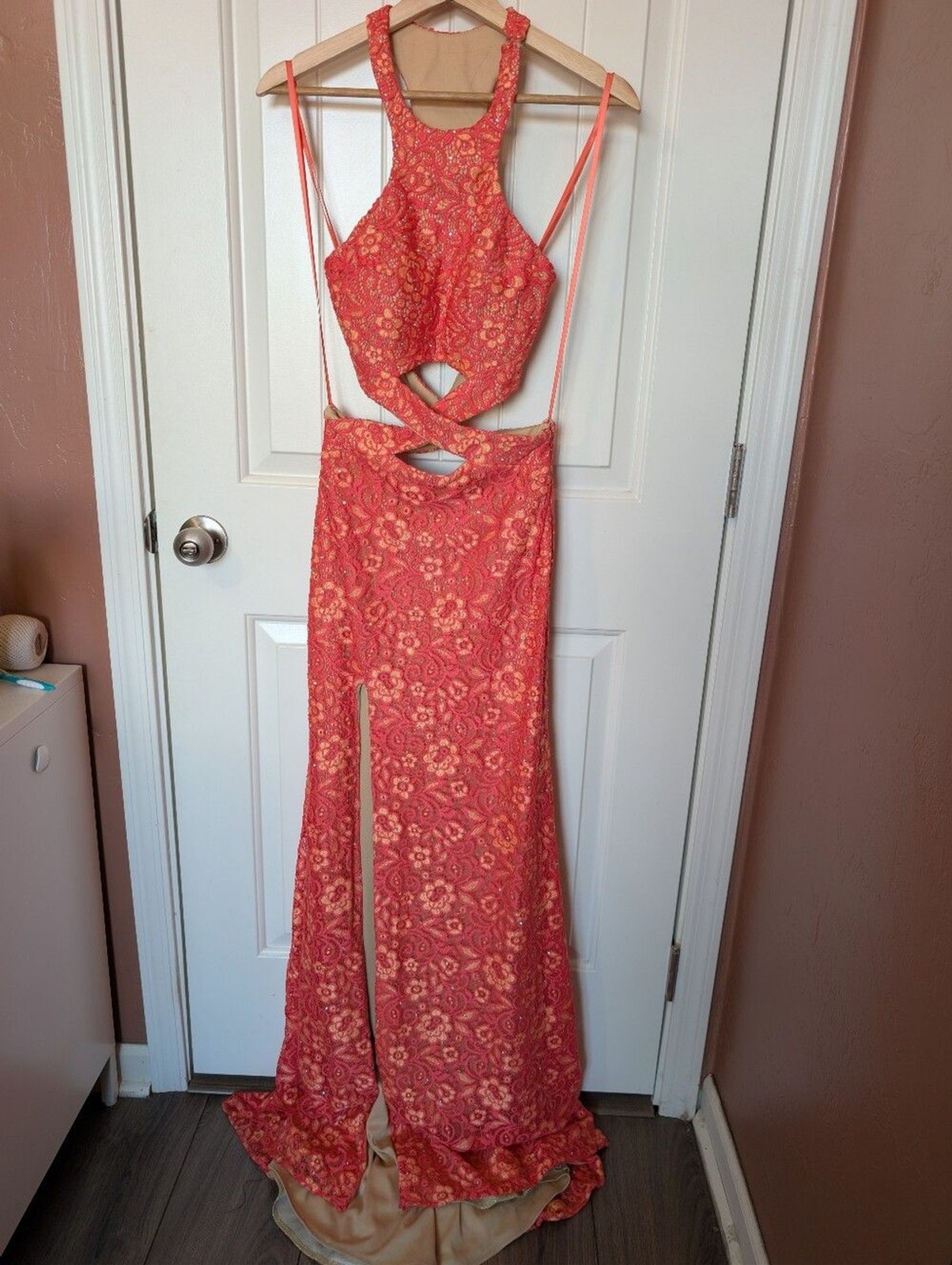 La Femme Lace Criss Cross Halter Prom Dress 2 Coral