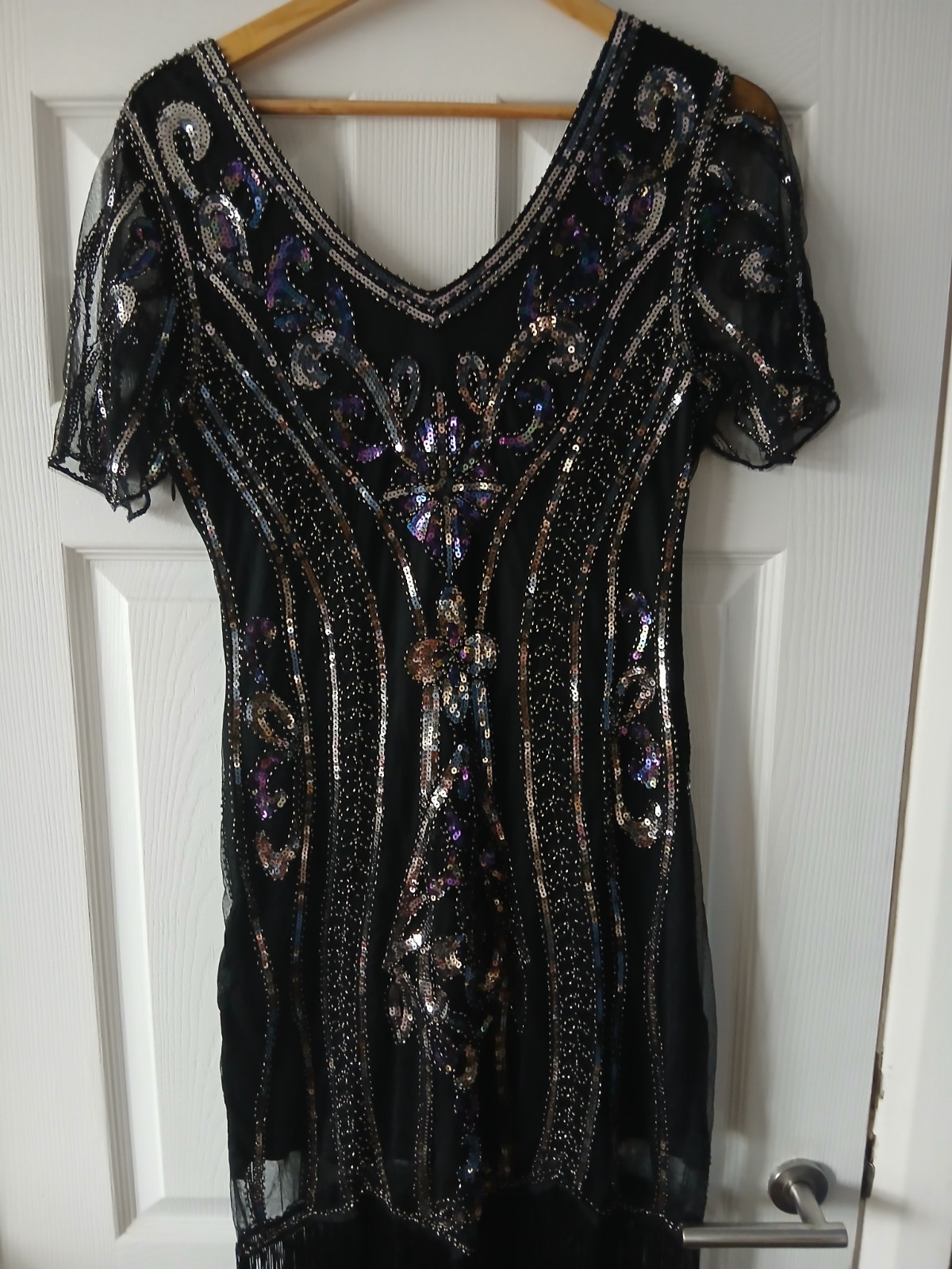 Black Beaded Sequin Tassels Charlstone 20s Flapper Evening Cruises Gown Dress M