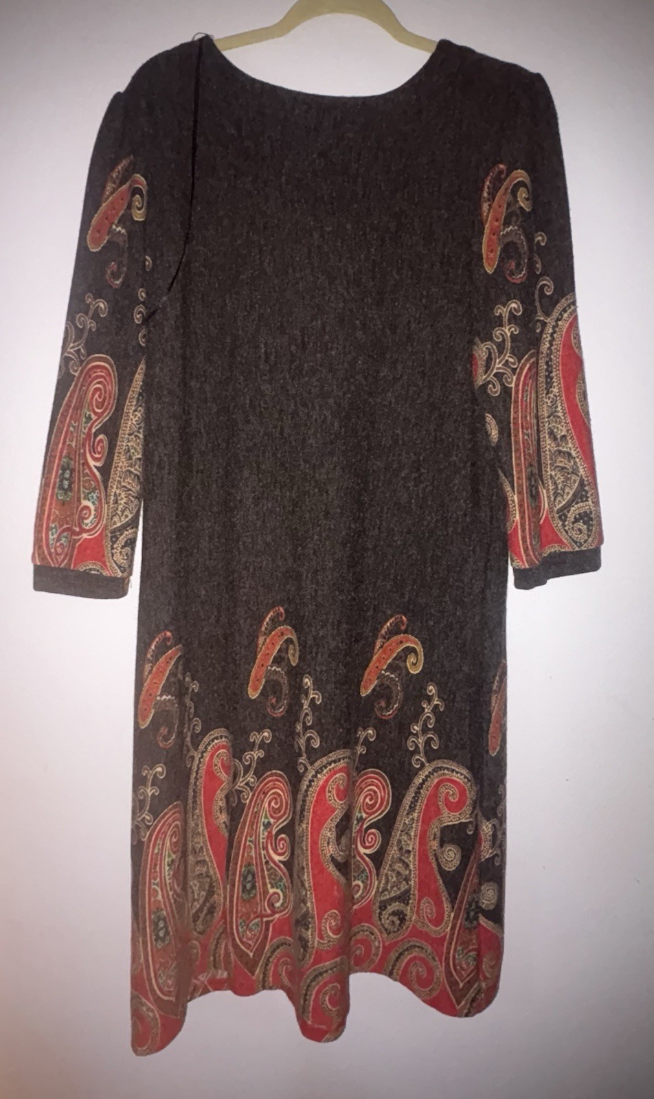 Papillon Midi Sweater Dress Gray With Paisley Design 3/4 Sleeve Pullover XL