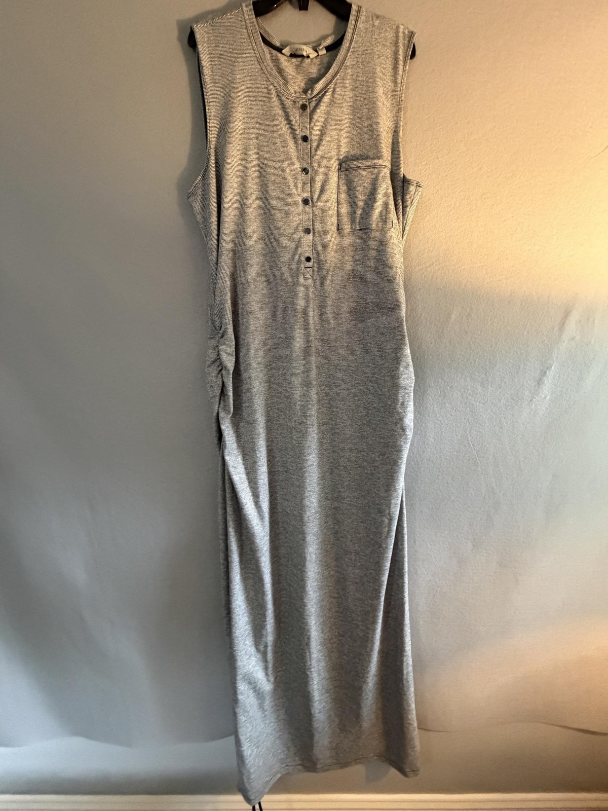 Athleta Dress Womens XL Gray Stripe Scoop Neck Tank Maxi Ruched Pocket Jersey