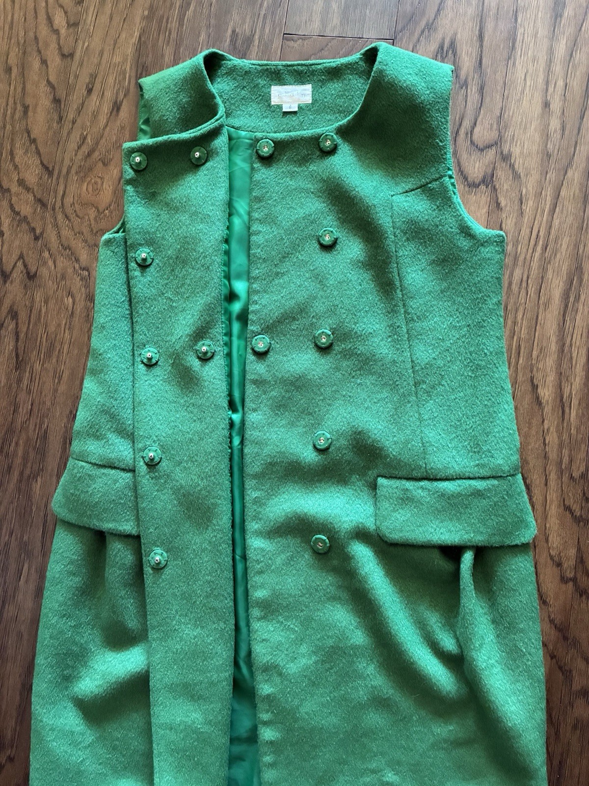 Plain Green Sleeveless Dress Size 8 Long Vest Double Breasted Wool Blend Jumper