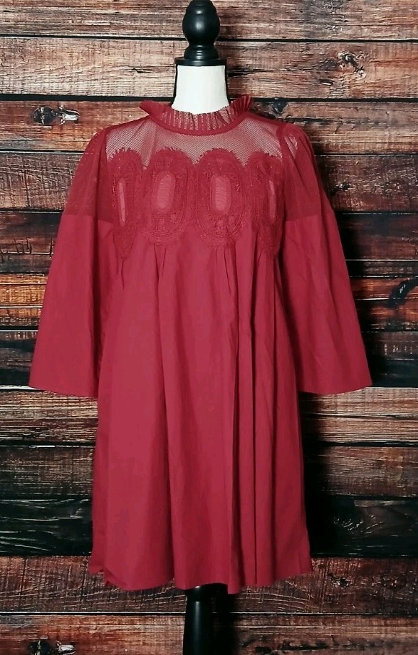 Jodifl Shift Dress S Red Crochet Medallion Mesh Ruffle High Neck 100% Cotton NWT