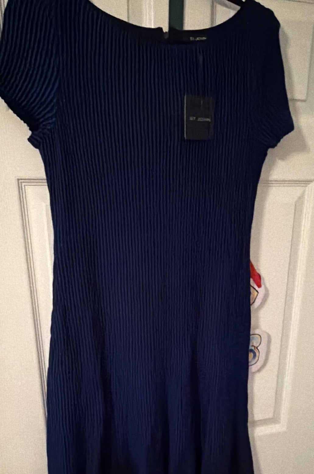 St. John Blue Polyester Pleated Round Neck Short Sleeve Midi Dress Size S