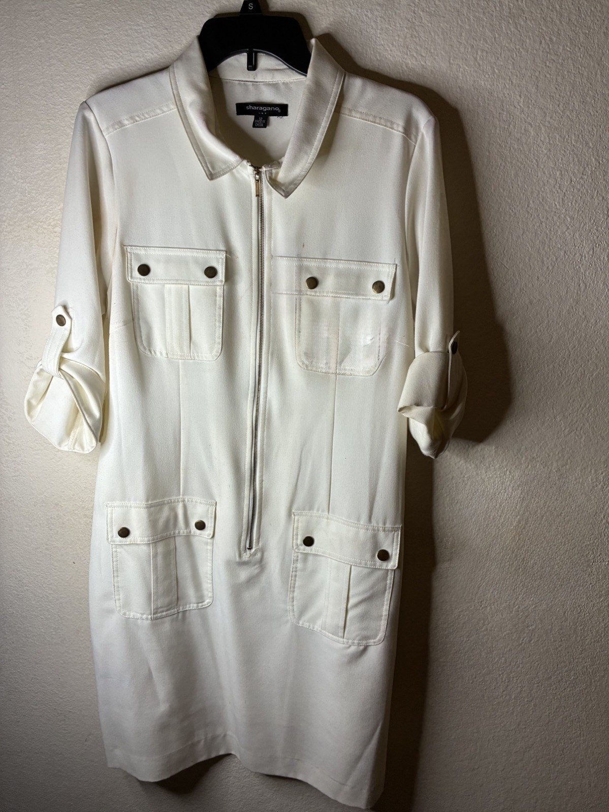 Sharagano Women’s Ivory Front Zip Shirt Dress Pockets Size 12
