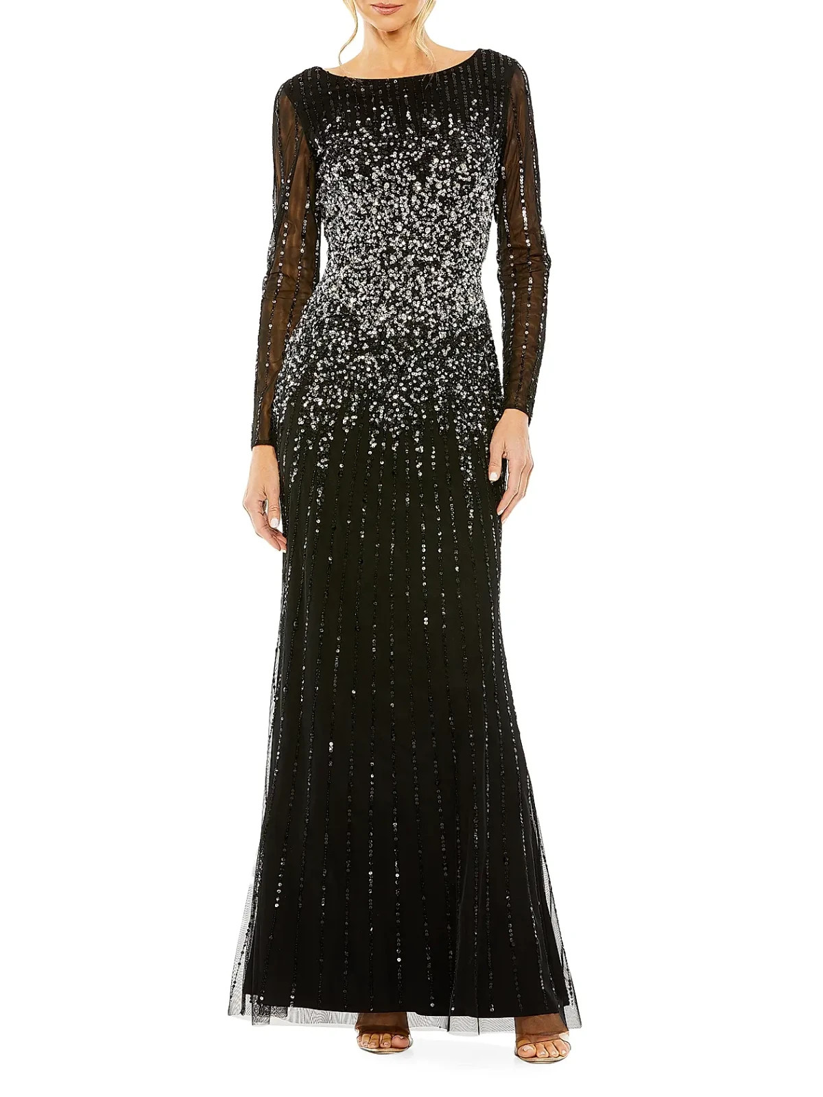 Mac Duggal Black Silver Sequin Embellished Long Sleeve A Line Gown Size 12 $598