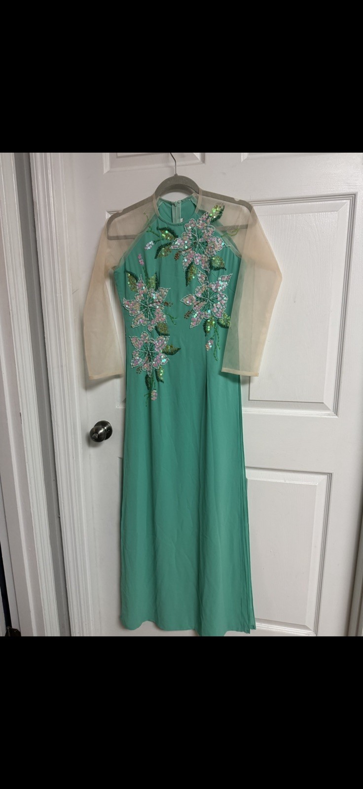 Vietnamese mint green Floral Ao Dai slip Dress vintage vtg size M unique sheer