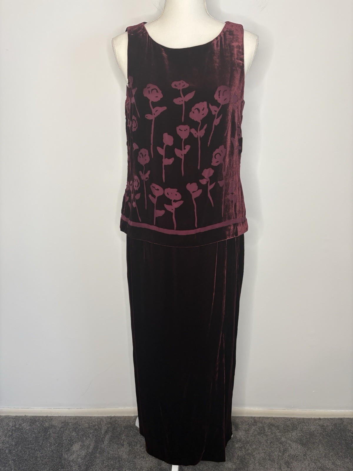 Vtg 90s Y2k Velvet Burnout Satin Skirt Set Midi Red Grunge Whimsigoth Goth Sz 10