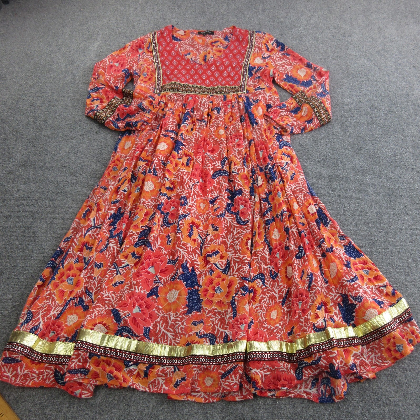 RD + Koko Dress Womens XS Red Floral Rayon Maxi Long Sleeve Boho Embroidered