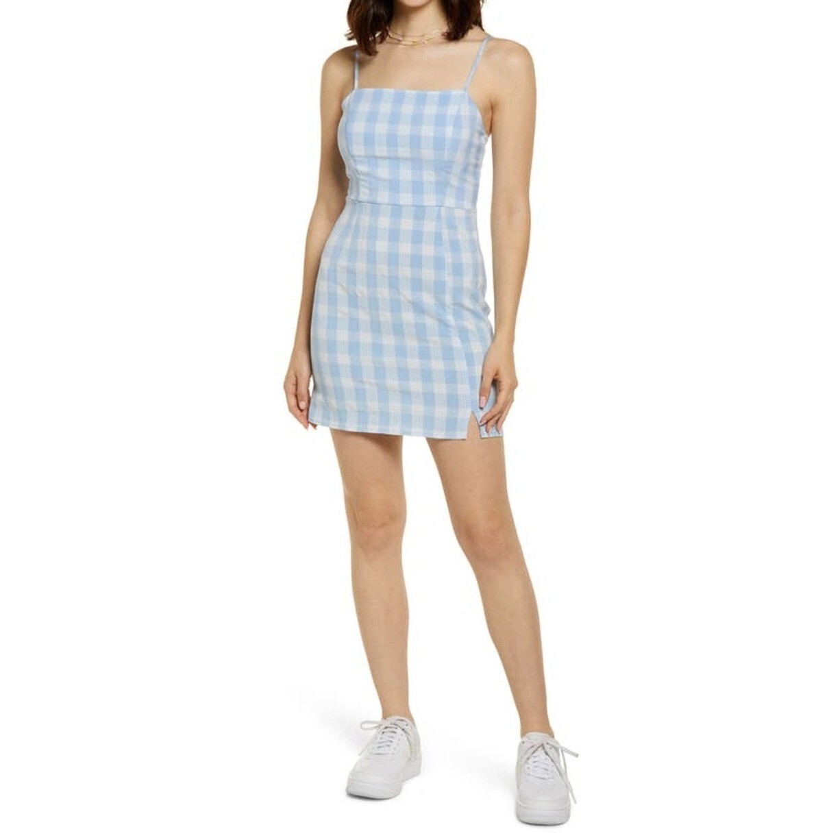 Nordstrom BP Womens Plaid Square Neck Sundress In Blue White Lola Plaid SZ L NWT