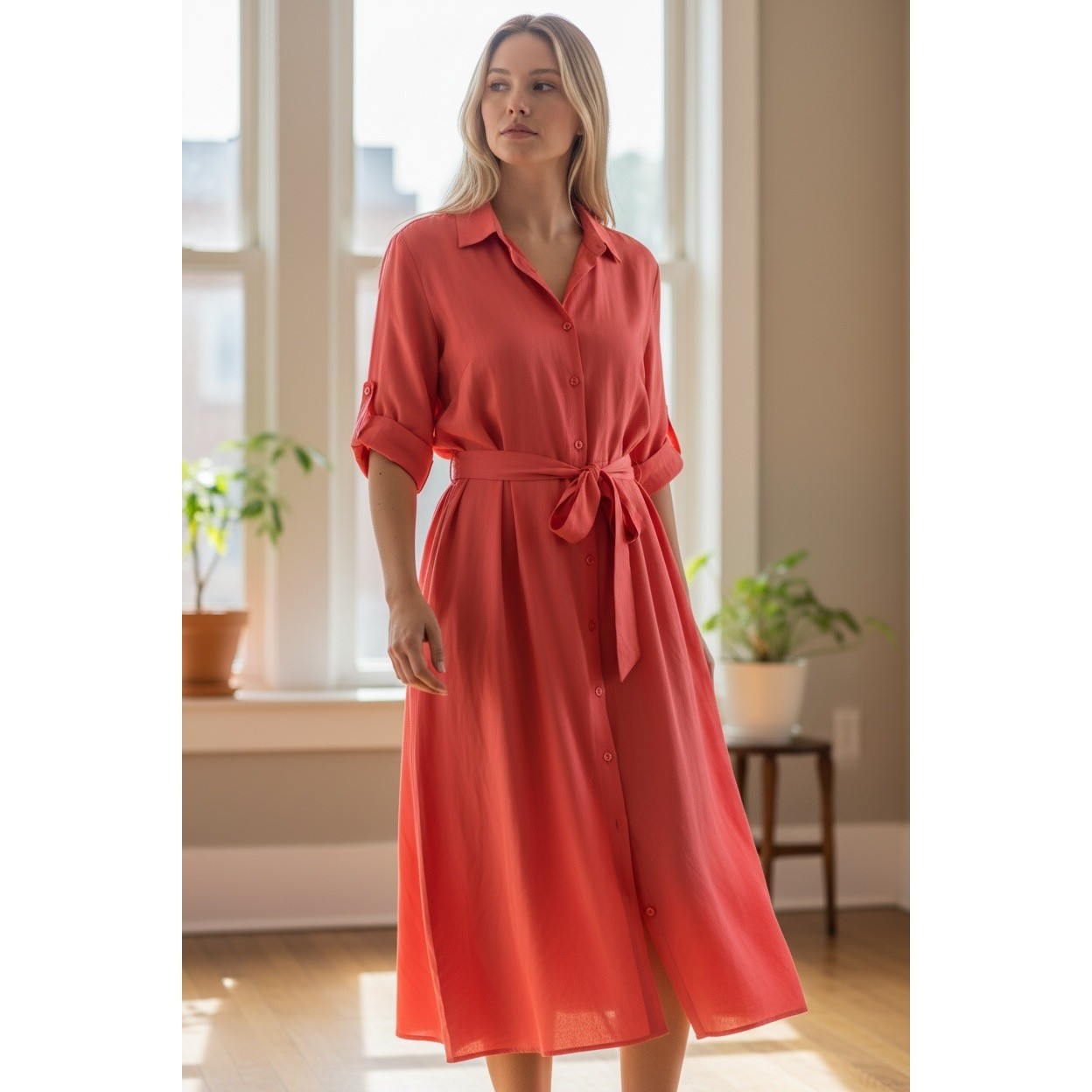 Old Money J. Peterman Silk Cotton 1947 Shirtdress 20 Quiet Luxury Coral Red Midi