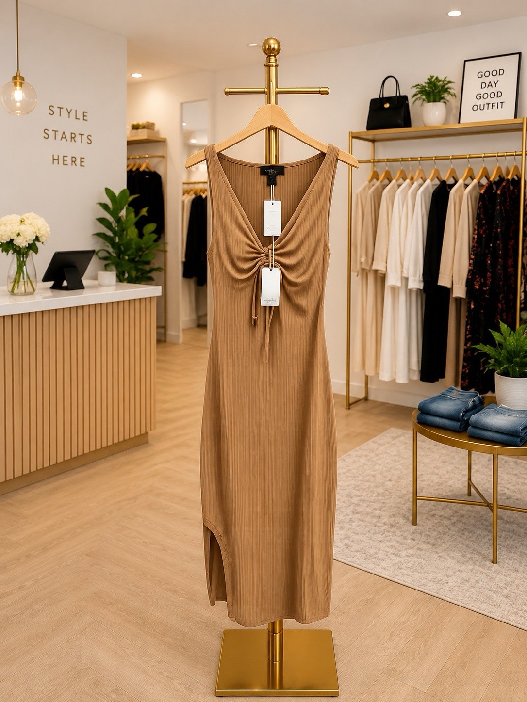 NWT Woman’s Crunched V-Neck Midi Dress In Camel Brown XS