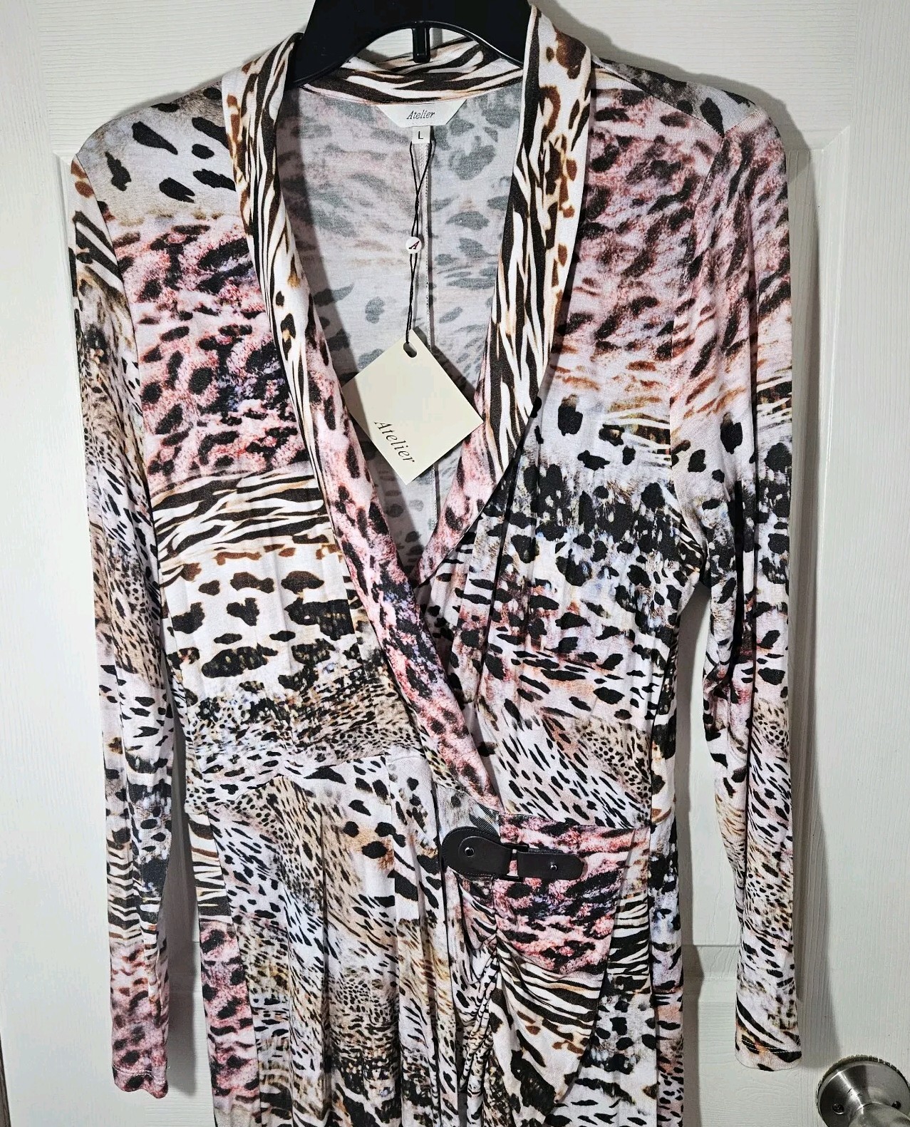 Atelier Dress Size Large Animal Print Bodycon Stretch V-neck Lightweight Soft