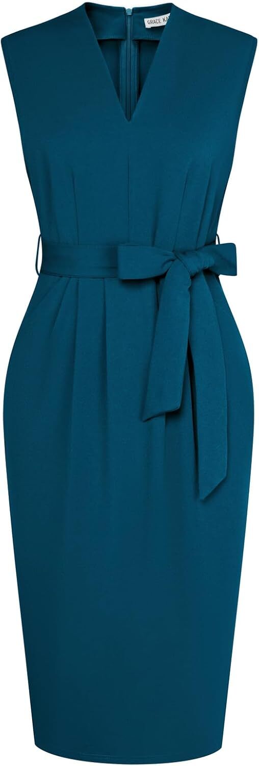 Women’s Sleeveless V-Neck Bodycon Sheath Dress – Zipper Up & Pockets Style