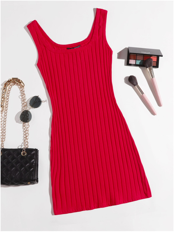 Red Scoop Neck Rib-knit Bodycon Pencil Casual Summer Slim Dress Sz XS S M L XL