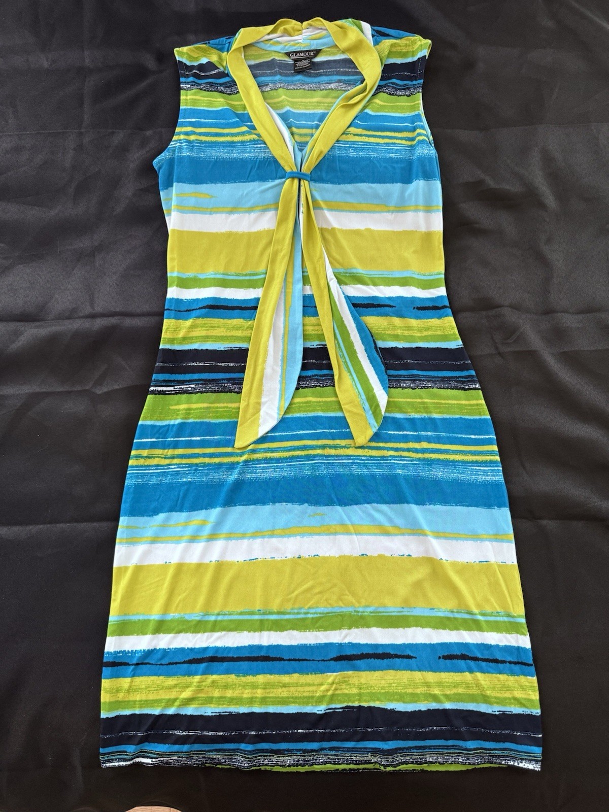 Glamour Womens Size 6 Sleeveless Midi Dress Tie Neck Blue Green Stripe Stretch