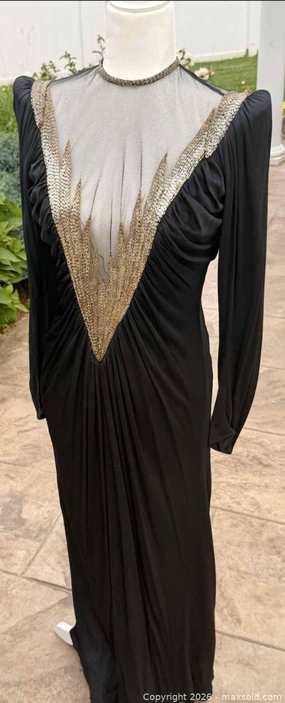 Carlota Alfaro Couture Gown Black Beaded Mesh Yoke Long Sleeve Vintage 80s