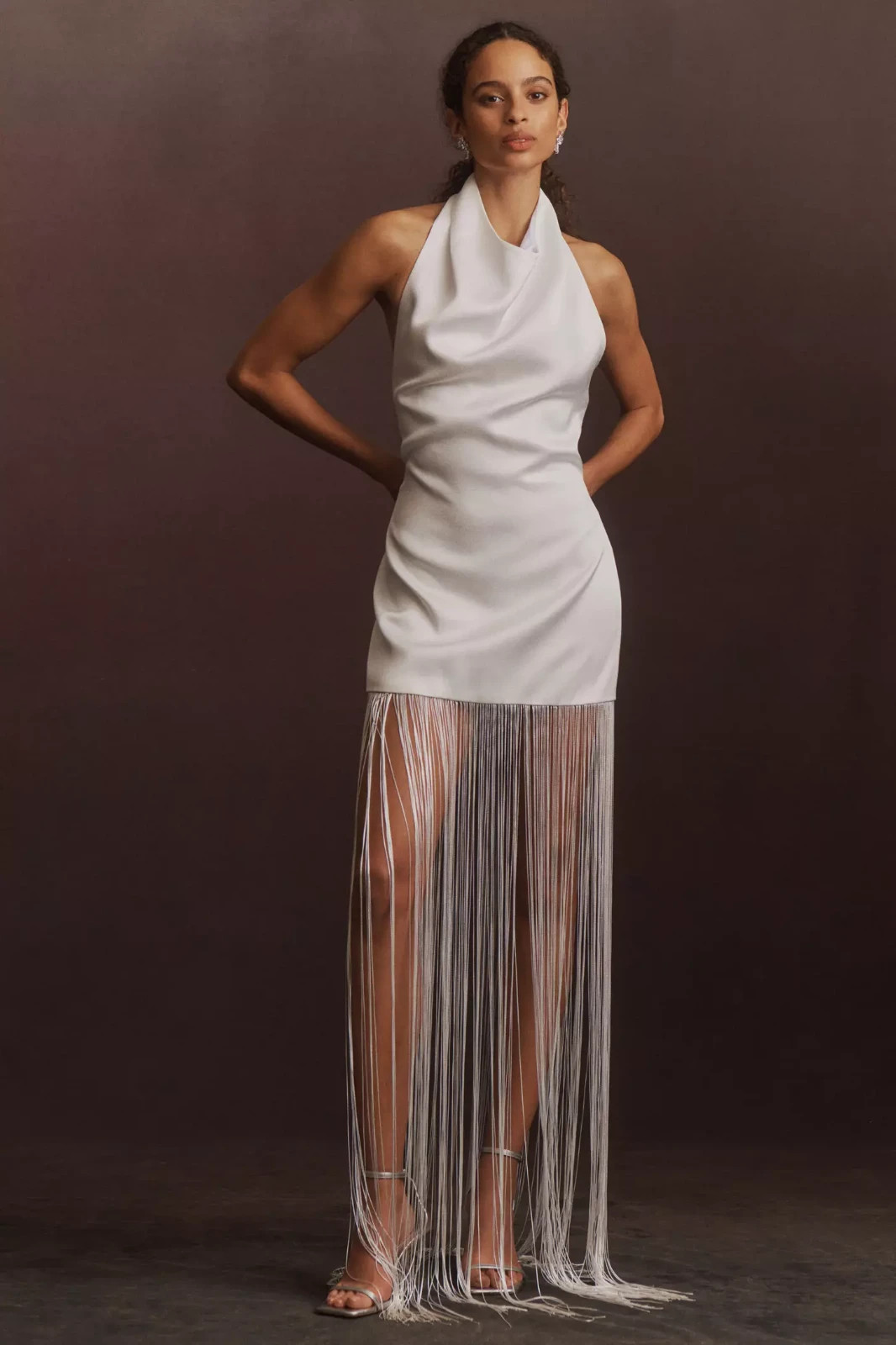 ILA Anika Halter Fringe Satin Maxi Dress – US Size 2 UK Size 6 $575