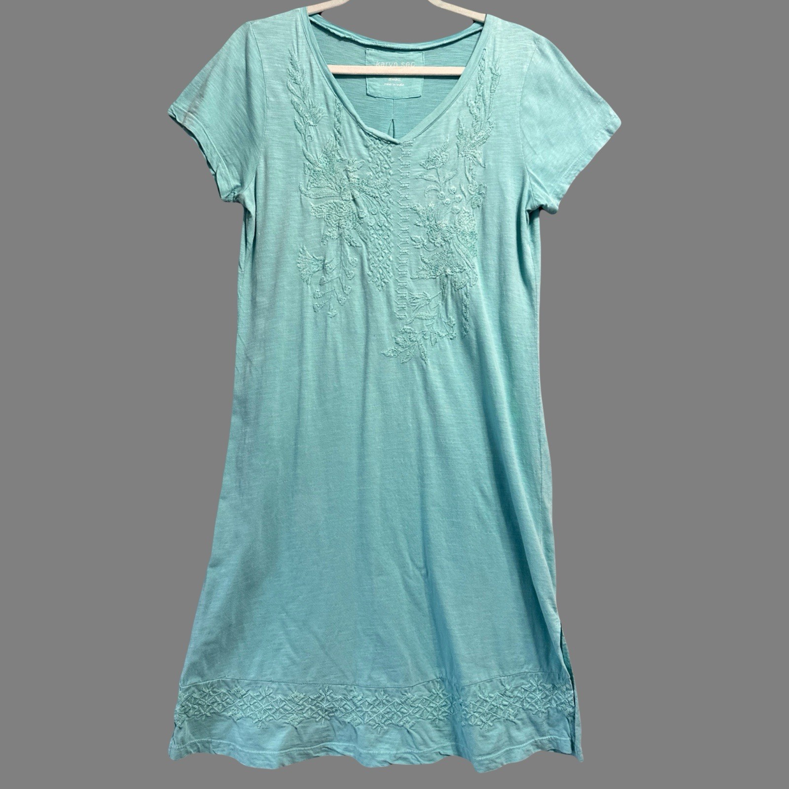 Karyn Seo Embroidered Cotton T-Shirt Dress Size Small Aqua Blue Boho Handmade