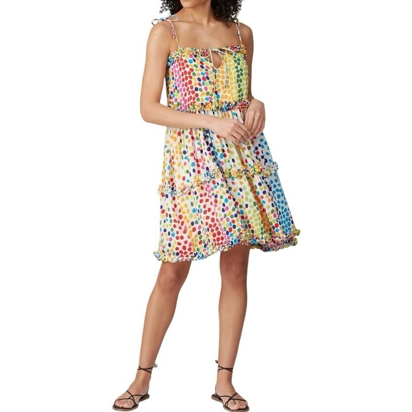 All Things Mochi Rainbow Polka Dot Tiered Mini Dress – Size M
