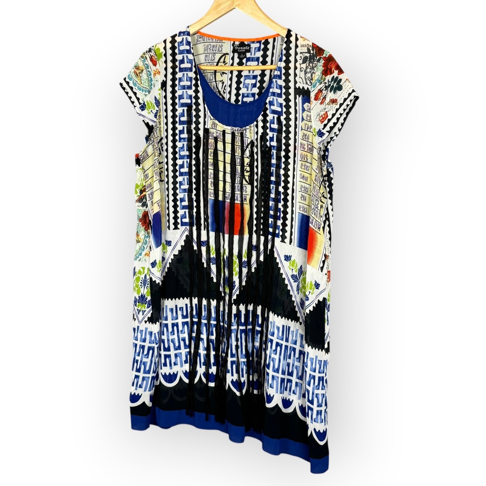 Threadz Australia Sheer Fringe Geometric Print Dress Womens L Tunic Artsy Boho