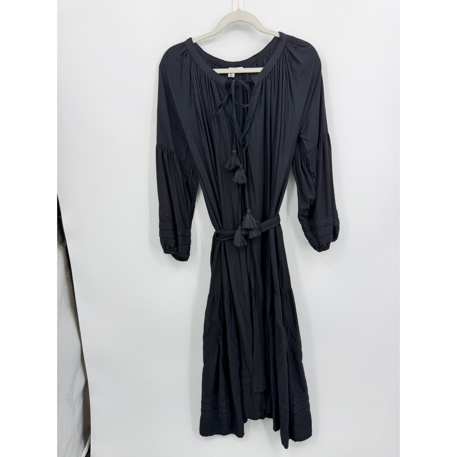 And Andrea Boho Tassel Midi Dress Womens XXS-S Black Embroidered Balloon Sleeve