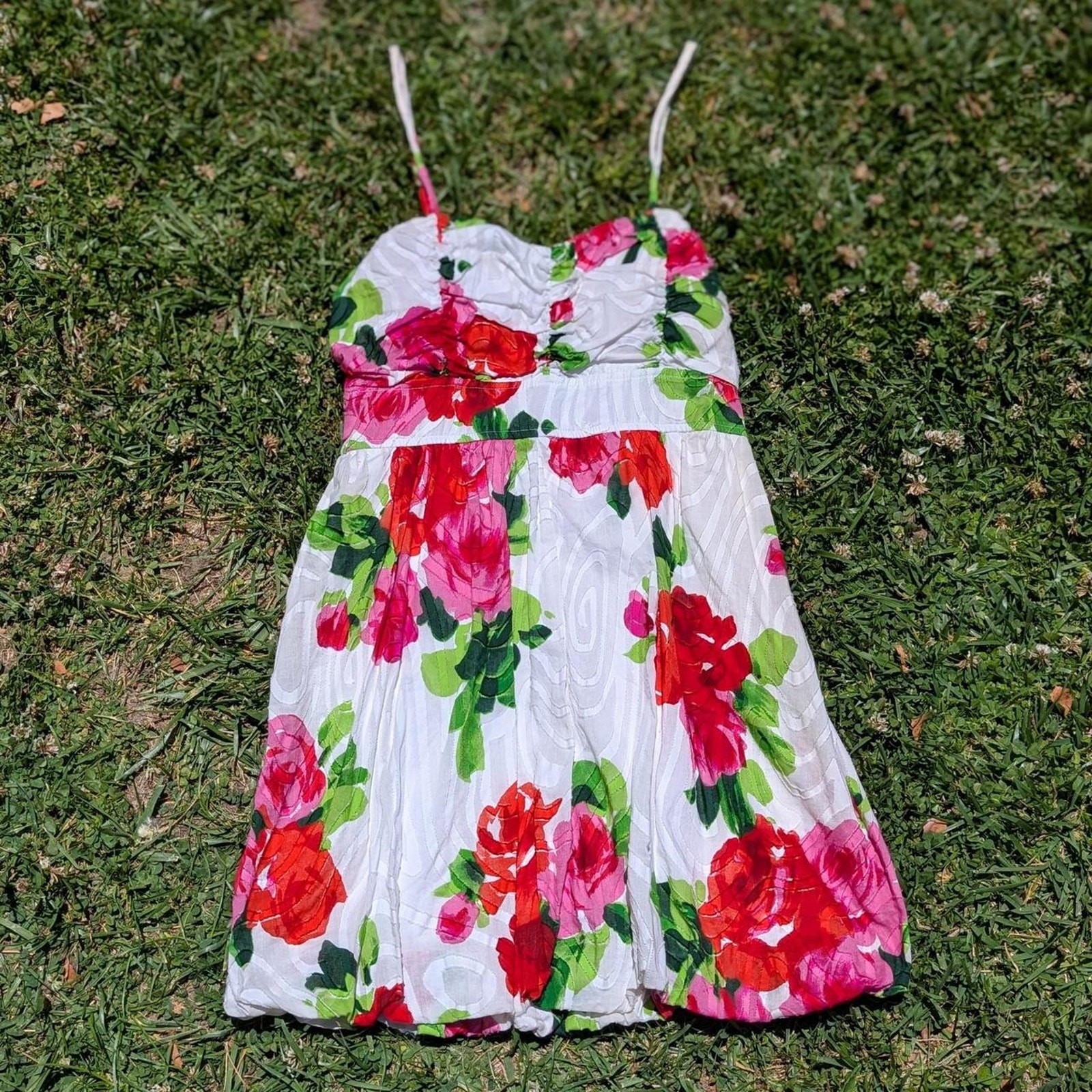 Snap Textured Red Rose Floral Bubble Hem Sweetheart Dress Smocked Womens M L 13