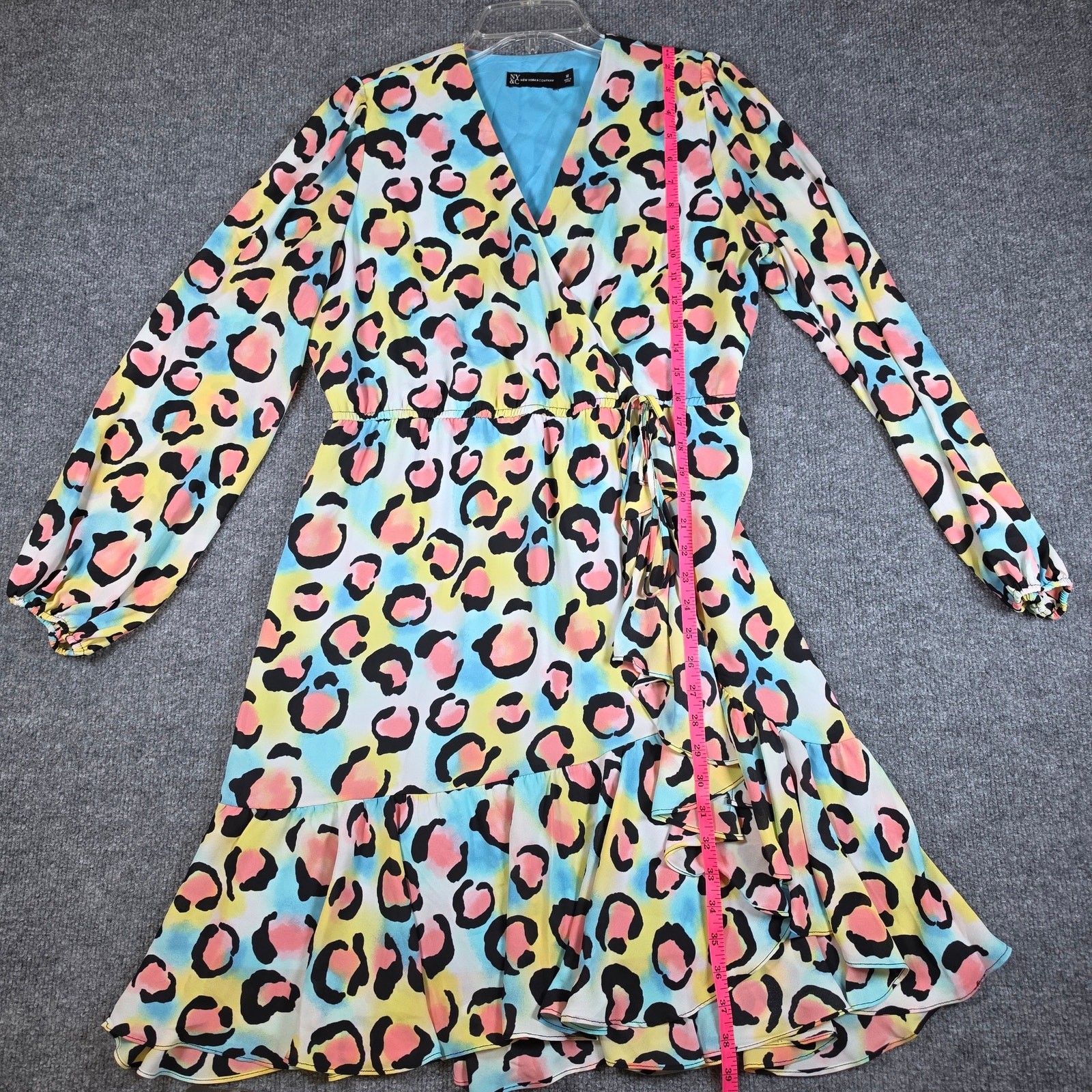 New York & Company Pastel Leopard Dress Medium Faux Wrap High-Low Ruffle Multi M