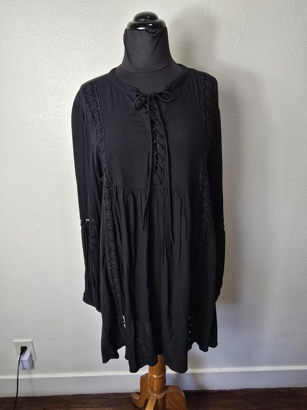 NWT Sea Gypsies by Lost “Plume Dress” Black Boho Lace Up Mini Dress – S