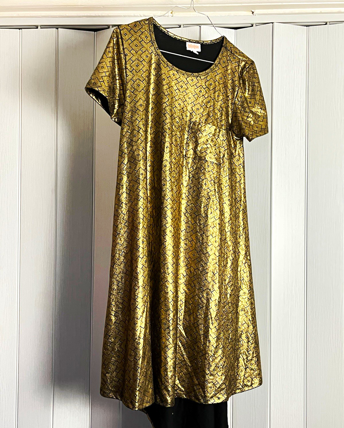 LuLaRoe Gold/Black Geometric Metallic Shift Dress Short Sleeve Round Neck XS