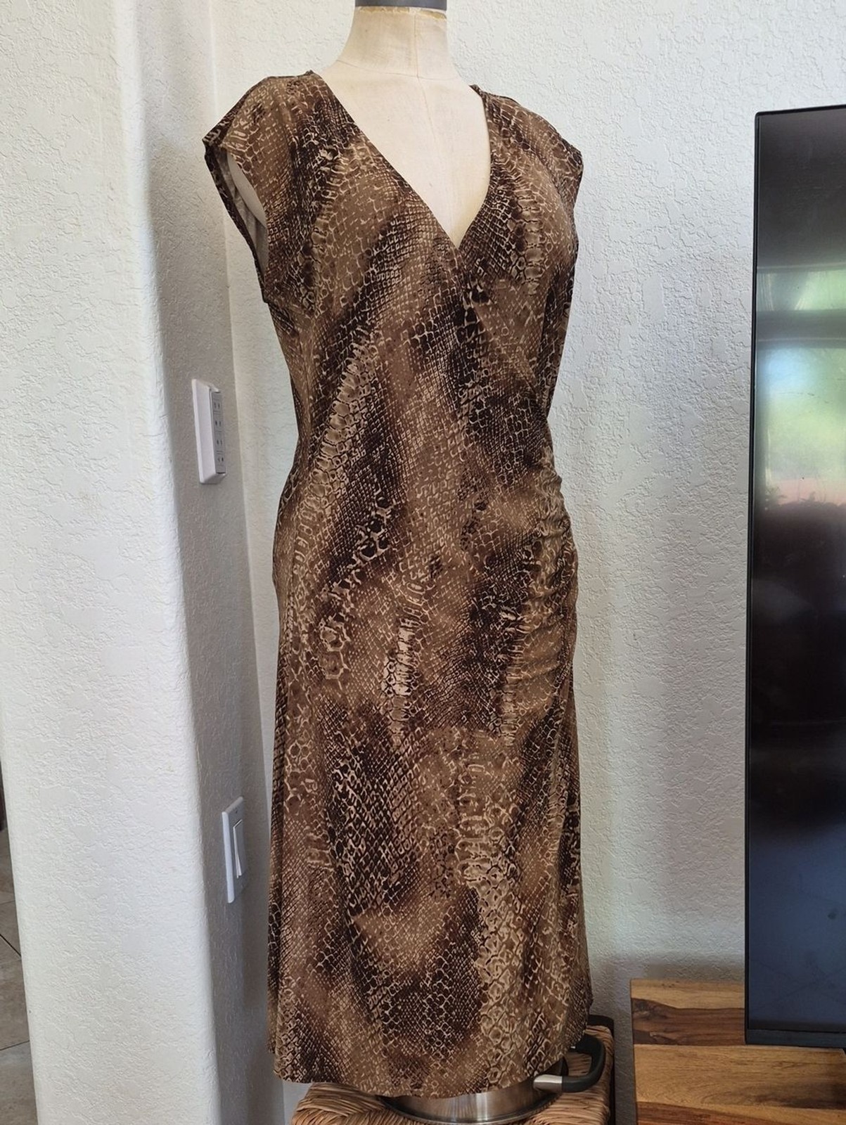 Lauren Ralph Lauren Wrap Top, Side Gathered, Snake Print, Stretch Dress Sz Large