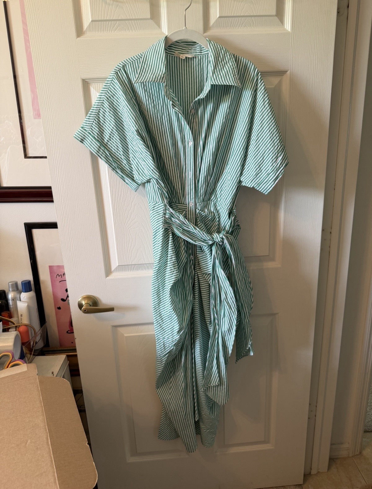 Entro Green White Striped Shirt Dress Collared Short Sleeve Midi Women’s M