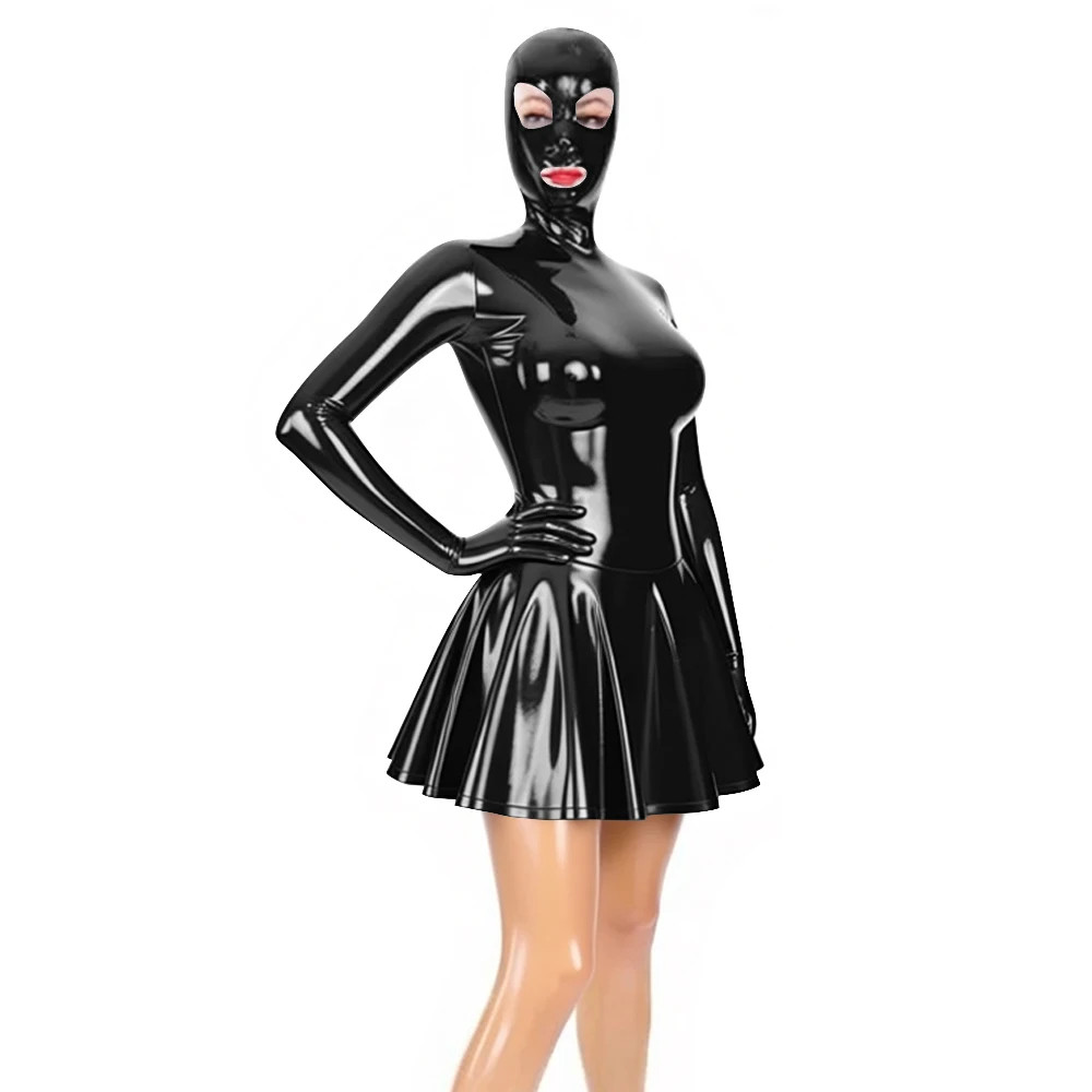 Sexy Mask PVC Mini Dress Glossy Faux Leather Sissy A-line Pleated Dresses Raves