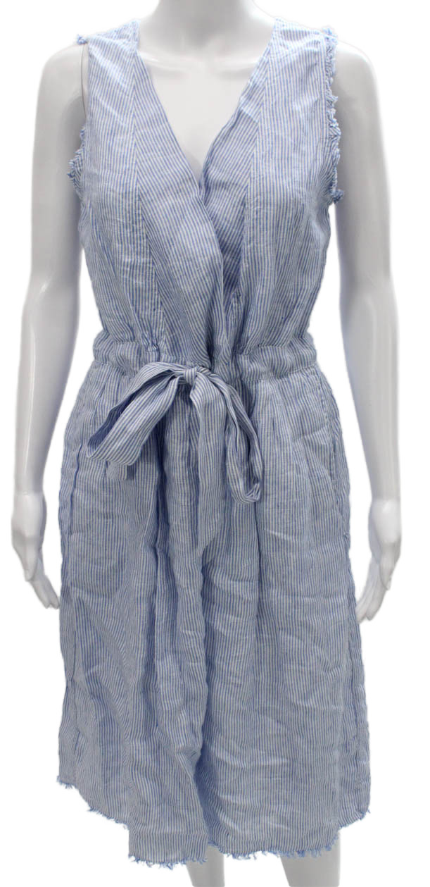 Roller Rabbit Women Dress Blue Striped Linen Sleeveless V Neck Midi Size S