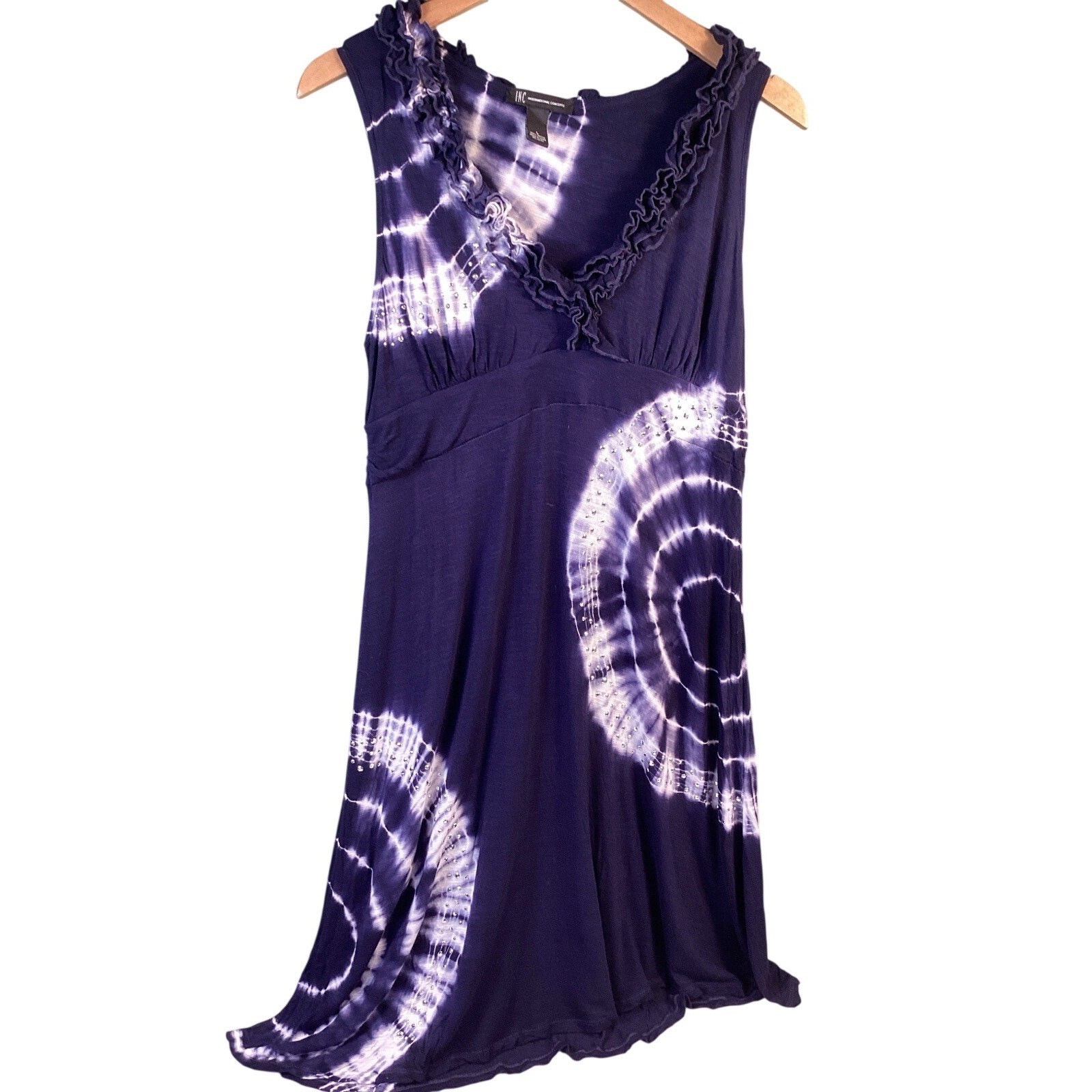 INC Purple Tie Dye Rhinestone Ruffle Dress Women’s Large Boho Whimsygoth