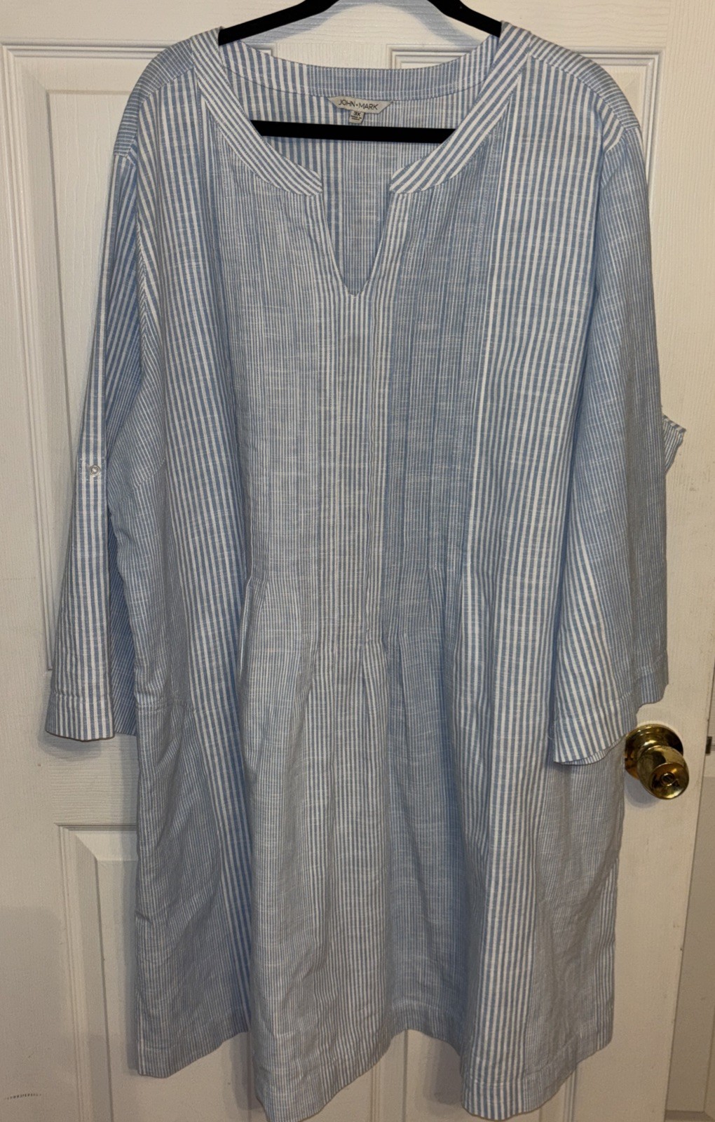 John Mark 3X Linen Cotton Dress Pintucks Blue Striped Pockets Split Neck Shift