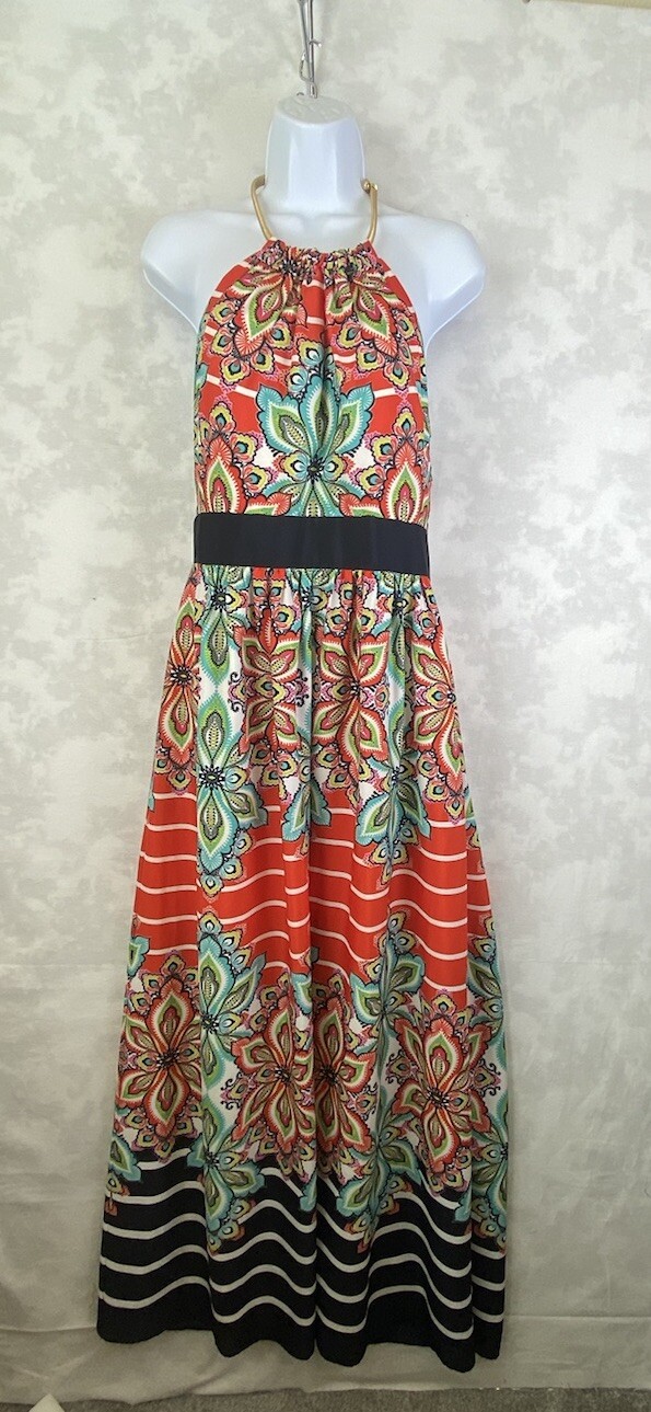 ELIZA J Gold Chain Halter Dress Sz 10P Black White Red Green Floral Maxi Dress