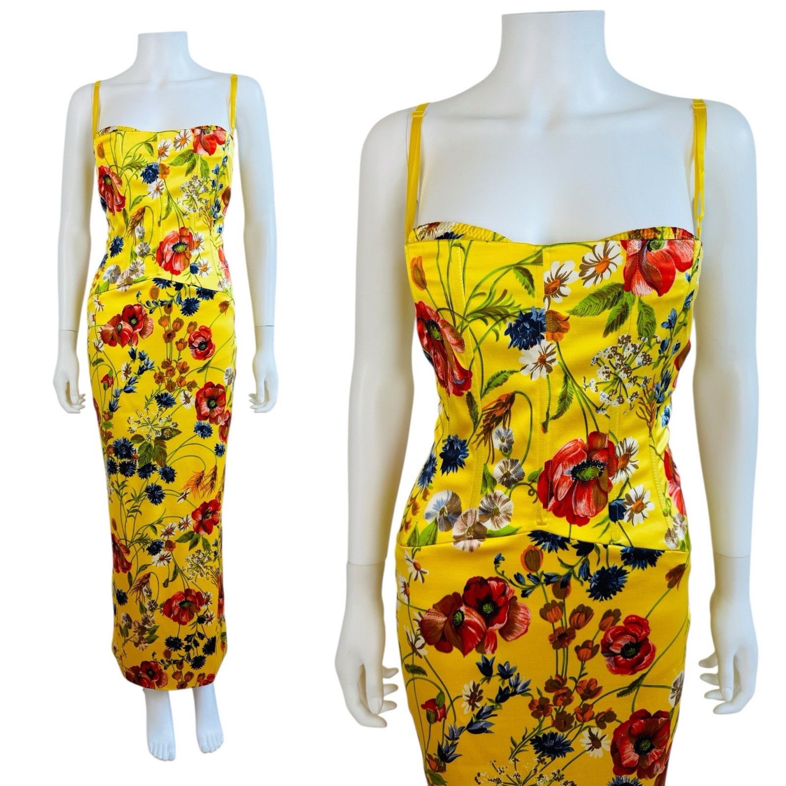 Rare Vintage 1990s Dolce + Gabbana Yellow Silk Floral Stretch Corset Dress Gown