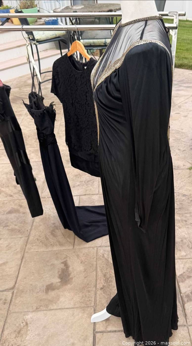 Carlota Alfaro Couture Gown Black Beaded Mesh Yoke Long Sleeve Vintage 80s