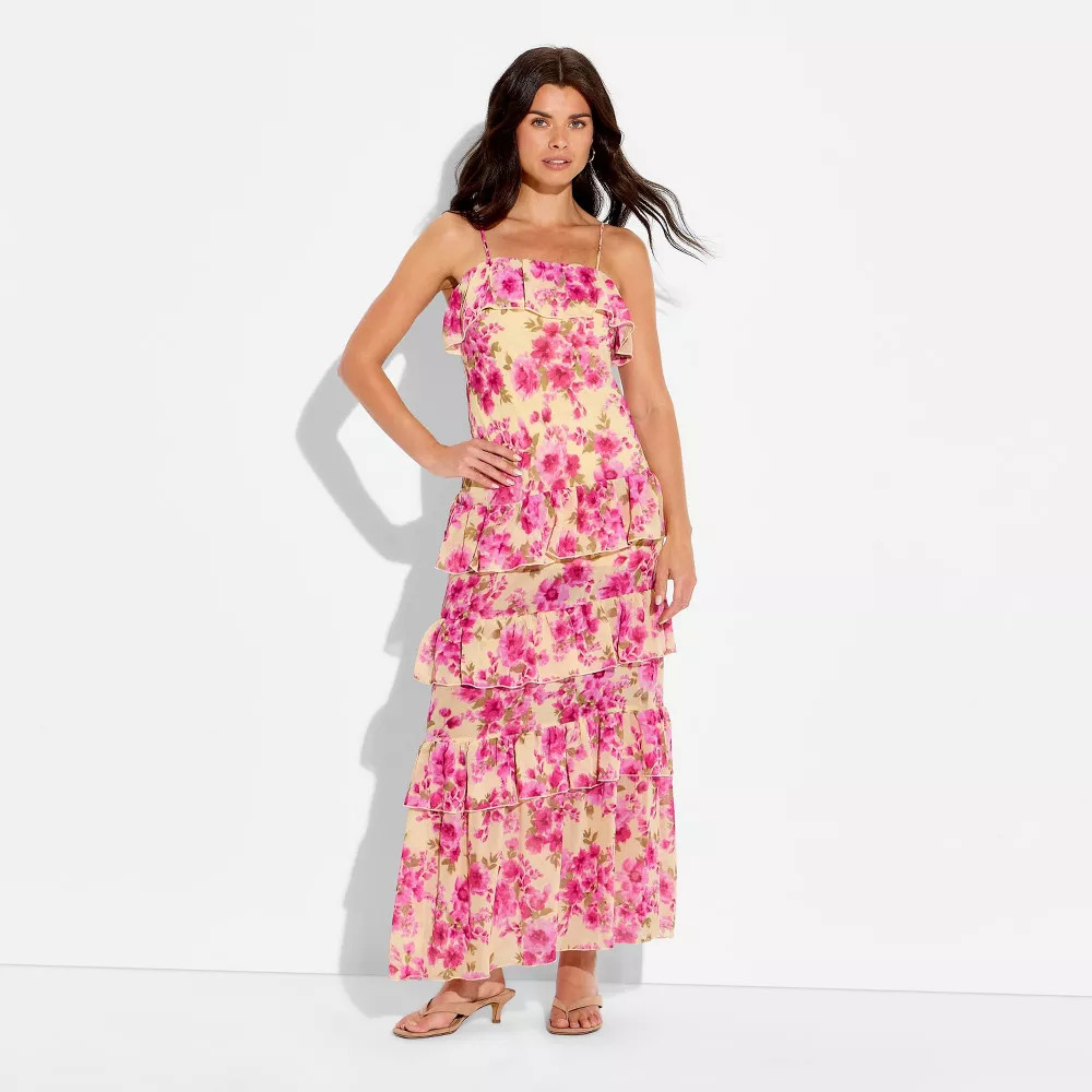 Women Flounce Tiered Maxi A-Line Dress – Wild Fable Yellow Floral M