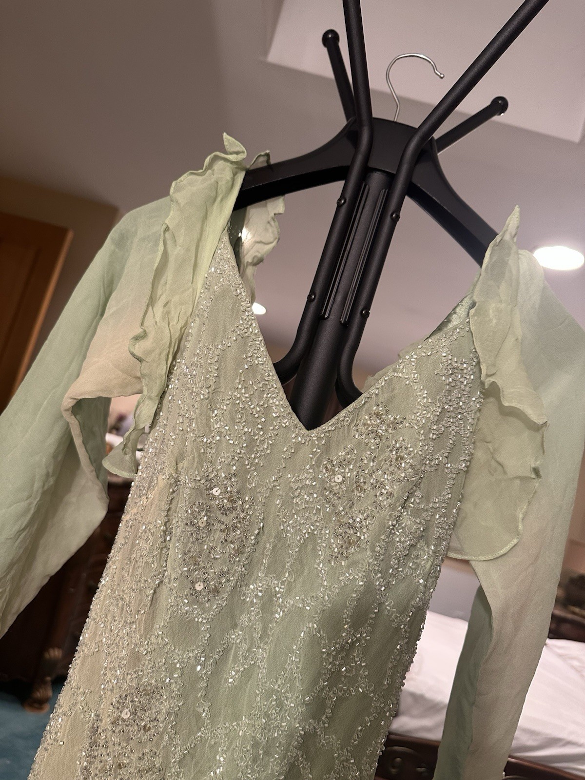 Elle Belle LLC Ombre Green Blue Silk Beaded V-Neck Long Sleeve Gown 10