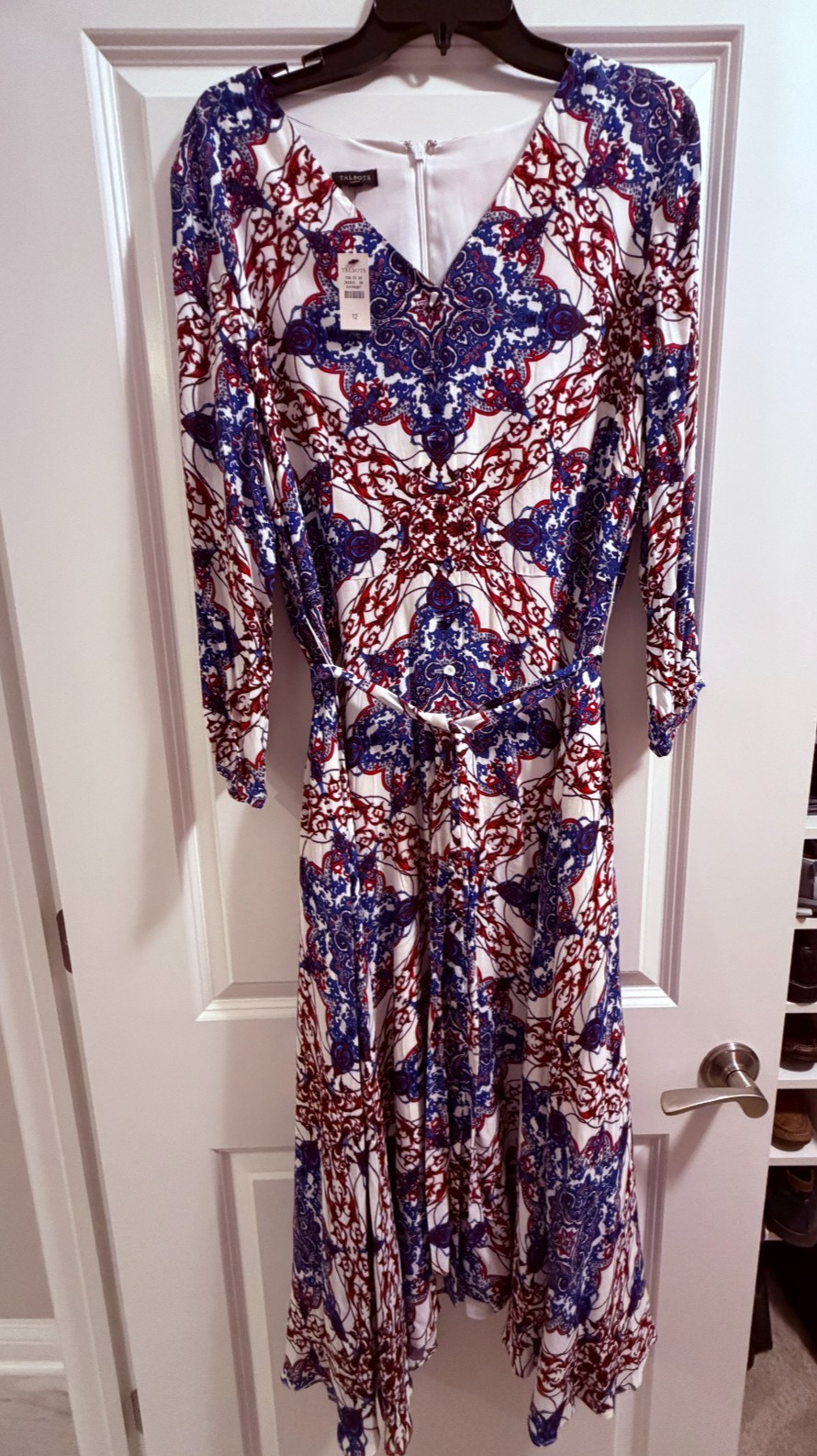 NWT Talbots Blue Red Whitel V-Neck Lined Belted Dress 12