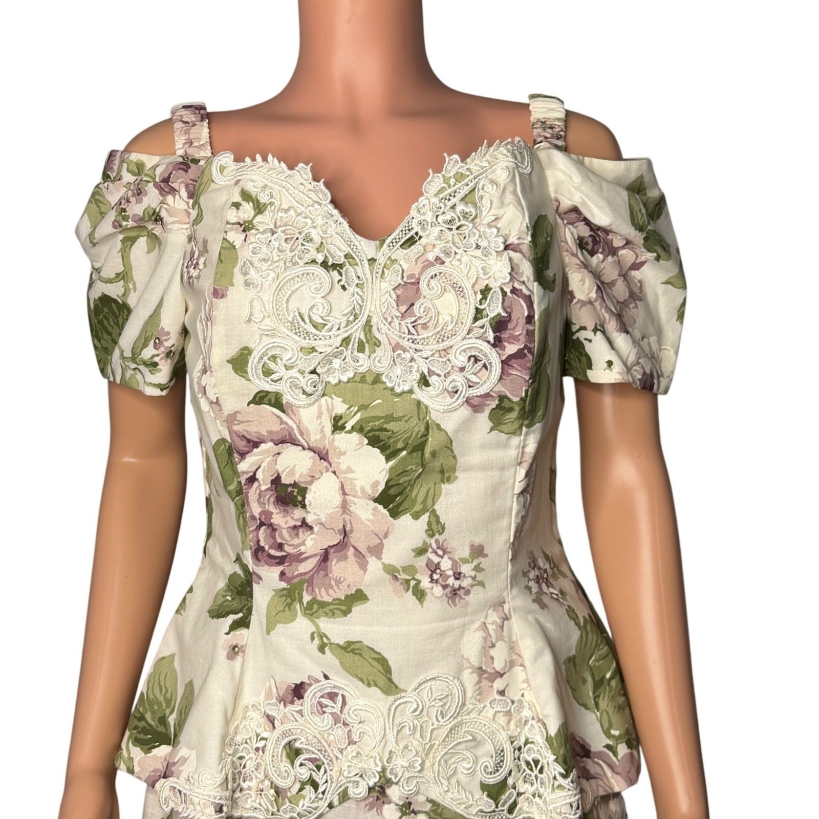 Scott McClintock Floral Peplum Dress Lace Applique Cottagecore Garden Party 10
