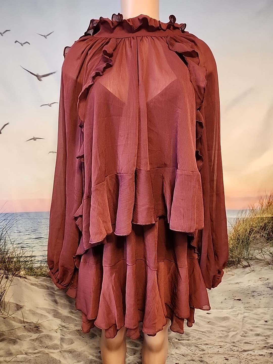 Nwt Commense Red Semi-Sheer Chiffon Ruffle Dress with Cape Overlay , Medium